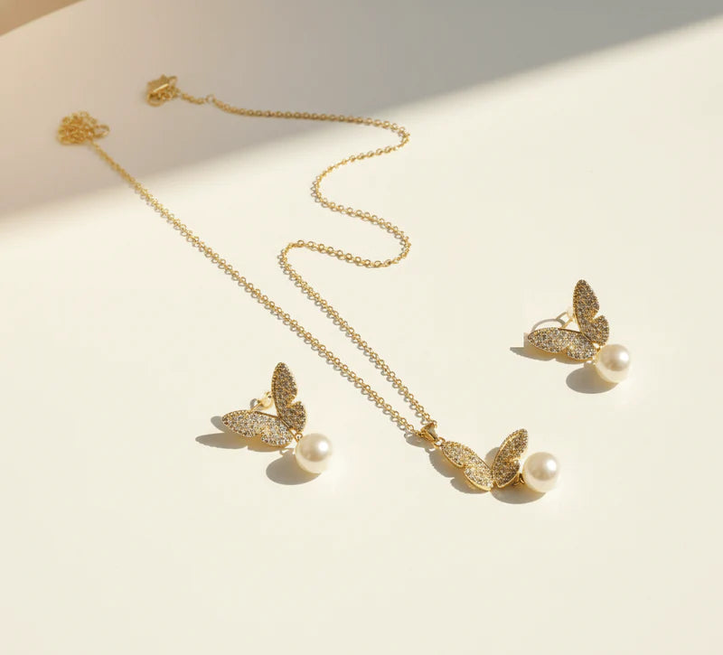 Elegant Butterfly Pearl Jewelry Set – Necklace & Earrings Available in Gold & Silver