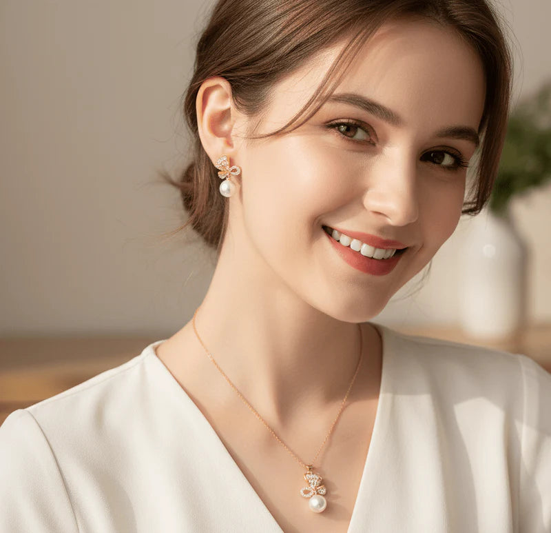 Luxury Bow Pearl Pendant & Earrings Set – 4U Jewelry