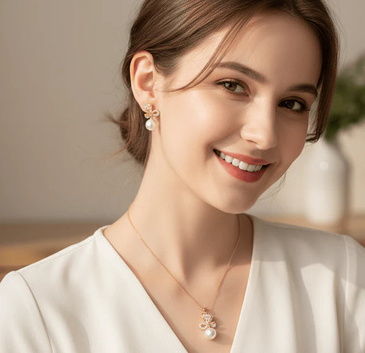 Luxury Bow Pearl Pendant & Earrings Set – 4U Jewelry