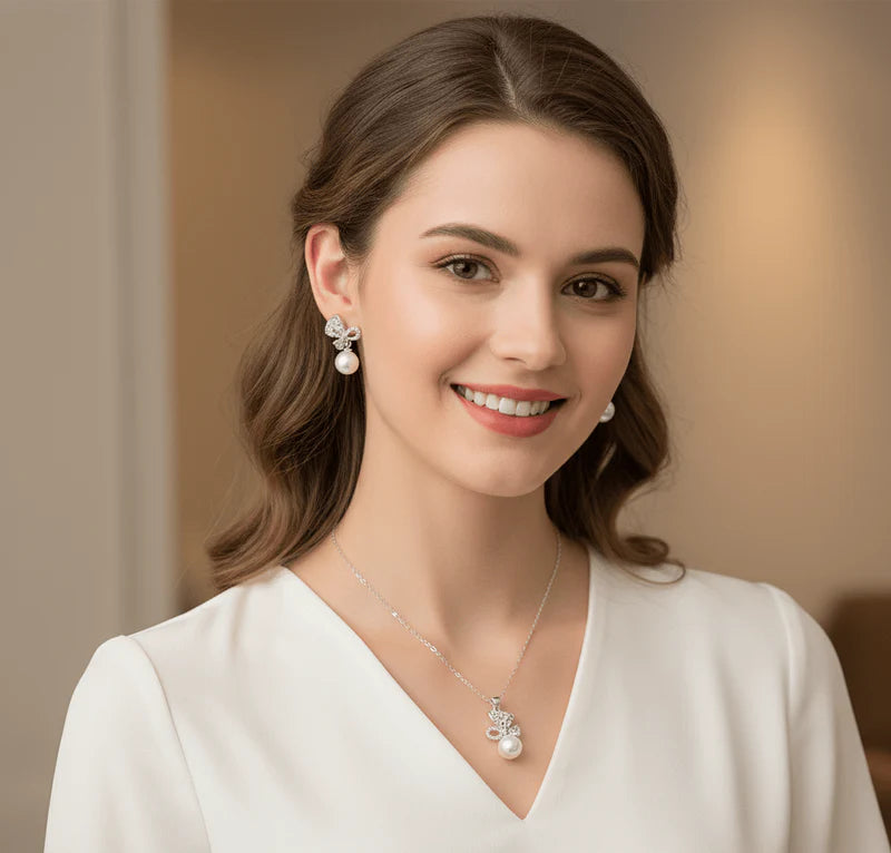 Luxury Bow Pearl Pendant & Earrings Set – 4U Jewelry