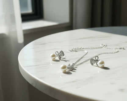 Luxury Bow Pearl Pendant & Earrings Set – 4U Jewelry