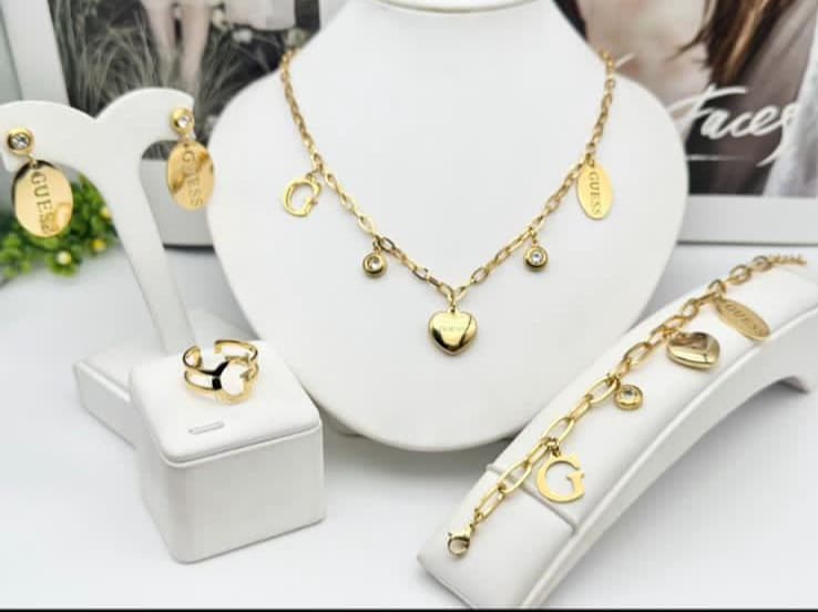 Guess Heart Charm Jewelry Set– Necklace, Bracelet, Ring & Earrings