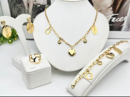 Guess Heart Charm Jewelry Set– Necklace, Bracelet, Ring & Earrings