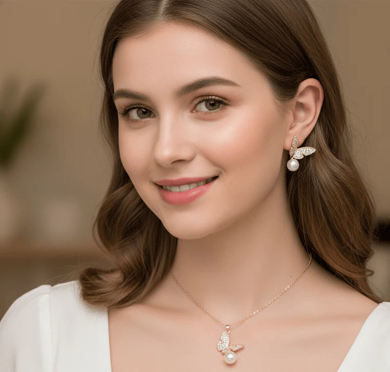 Elegant Butterfly Pearl Jewelry Set – Necklace & Earrings Available in Gold & Silver