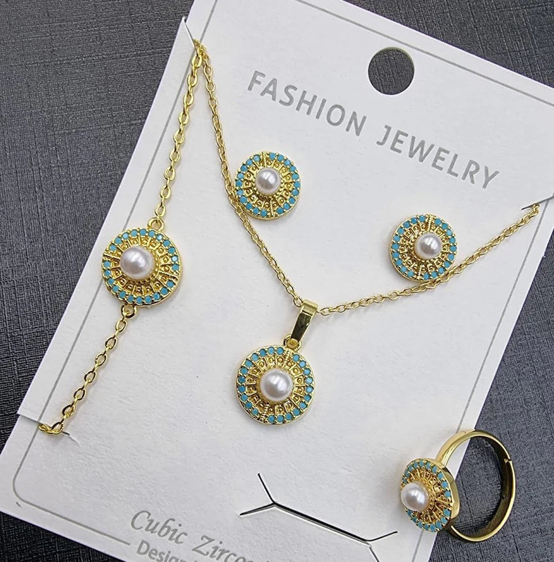 Turquoise Pearl Jewelry Set (4-Piece)